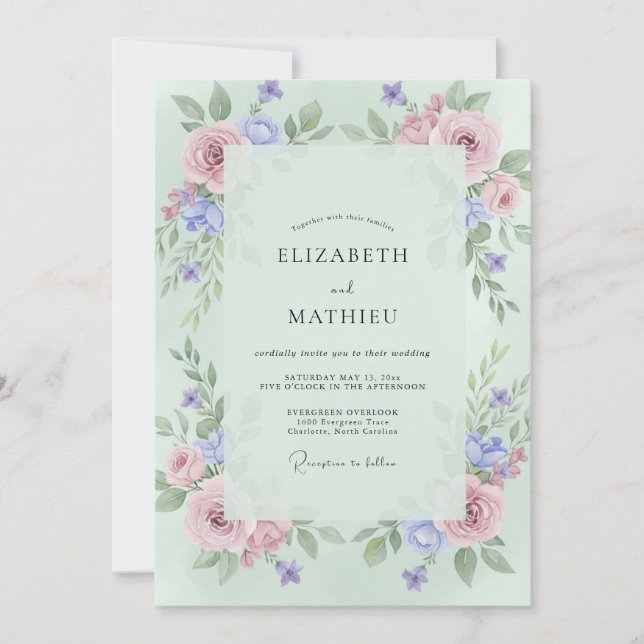Celadon Periwinkle Peony Wedding Invitation (Front)