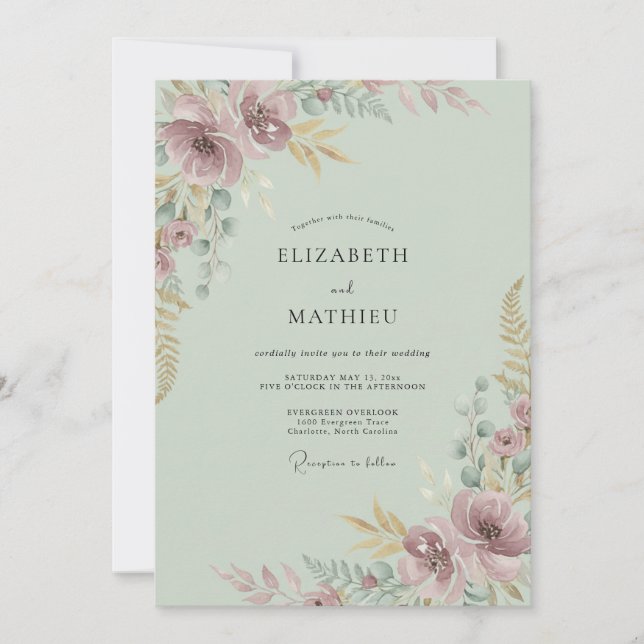 Celadon Plum Painted Wedding Invitation (Front)