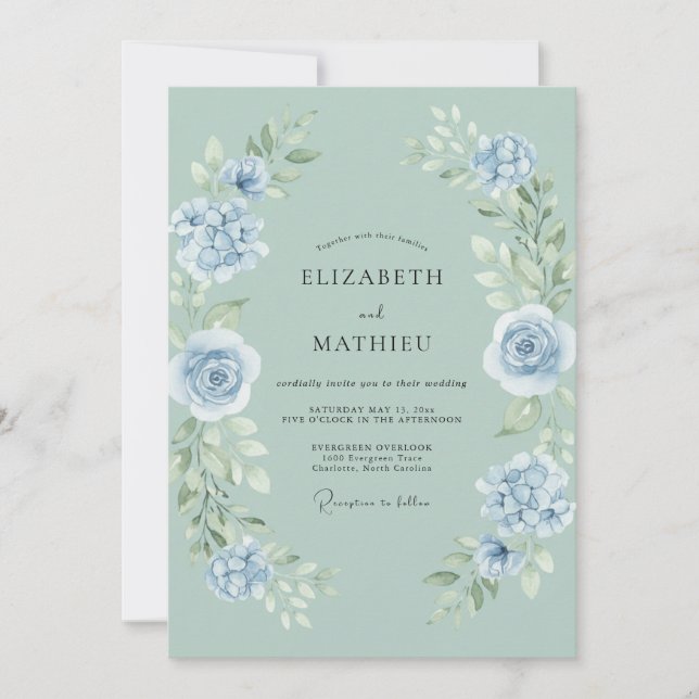 Celadon Powder Blue Rose Wedding Invitation (Front)