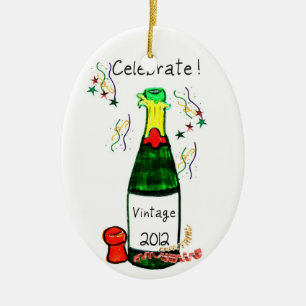 CELEBRATE! 2012 CHAMPAGNE BOTTLE PRINT REVERSES TO CERAMIC TREE DECORATION