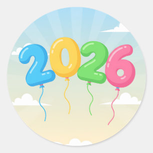 Celebrate 2026 with colourful floating balloons classic round sticker