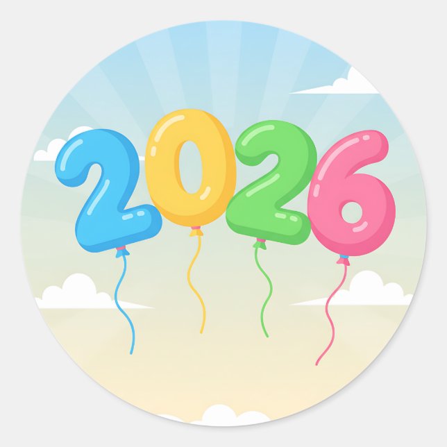 Celebrate 2026 with colourful floating balloons classic round sticker (Front)