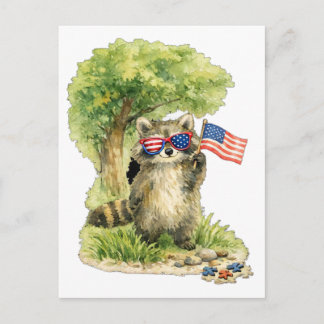 Celebrate 4th of July with Racoon and Flag Postcard