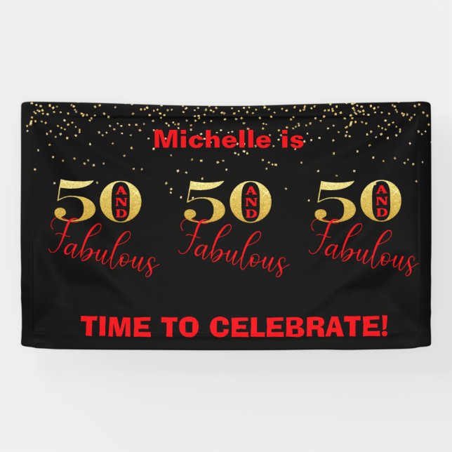 Celebrate 50 And Fabulous Red Gold Birthday Banner (Horizontal)