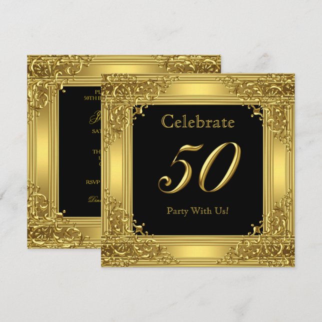 Celebrate 50th Birthday Party Gold Golden 50 Black Invitation (Front/Back)