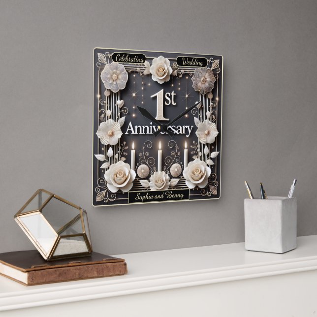 Celebrate a Beautiful First Anniversary Moment Square Wall Clock (Office)