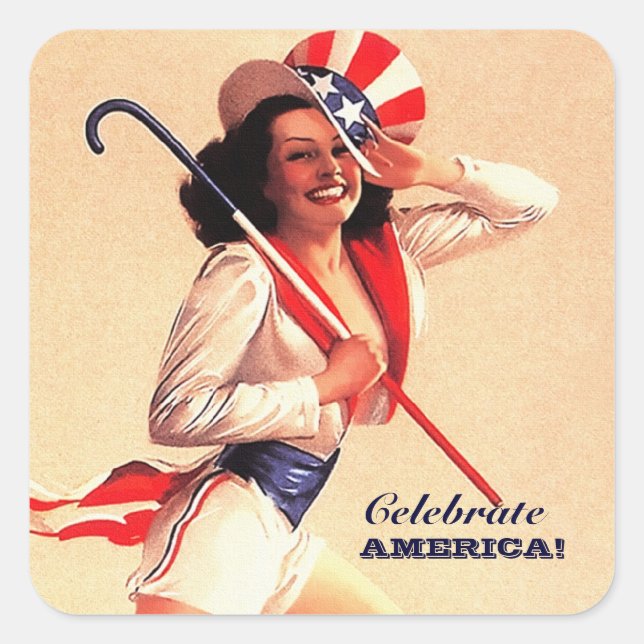 Celebrate America! 4th of July Retro Pin-up Square Sticker (Front)