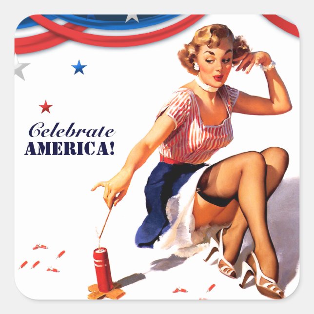 Celebrate America. 4th of July Retro Pin-up Square Sticker (Front)