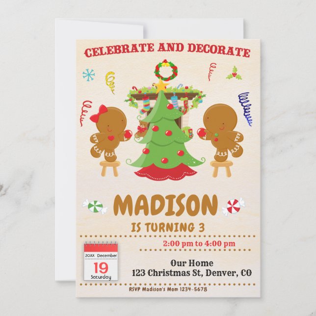 Celebrate and decorate Christmas birthday invite (Front)