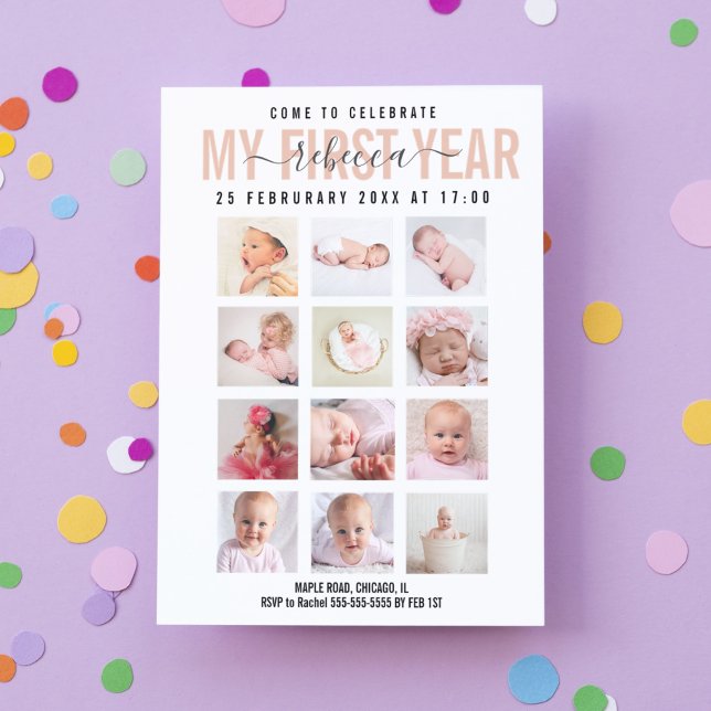 Celebrate Baby Girl First Year 12 Photo Collage  Invitation (Creator Uploaded)