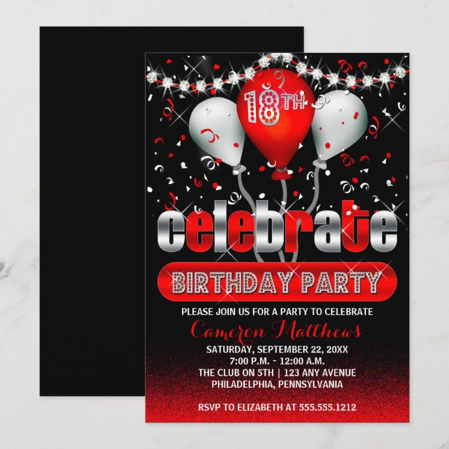 Celebrate Balloons Confetti 18th Birthday Party Invitation (Front/Back)