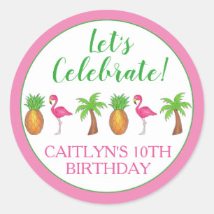 Celebrate Birthday Flamingo Palm Tree Pineapple Classic Round Sticker