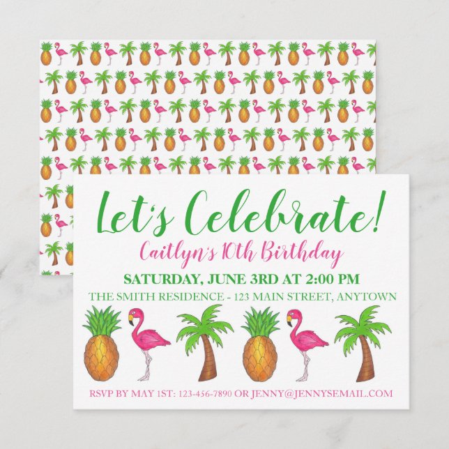 Celebrate Birthday Flamingo Palm Tree Pineapple Invitation (Front/Back)
