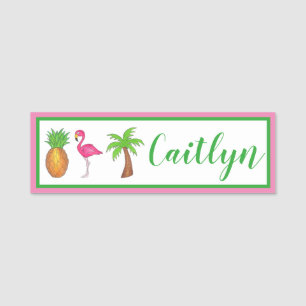 Celebrate Birthday Flamingo Palm Tree Pineapple Name Tag