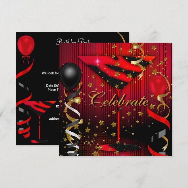 Celebrate Birthday Party Black Red Stars Invitation (Front/Back)