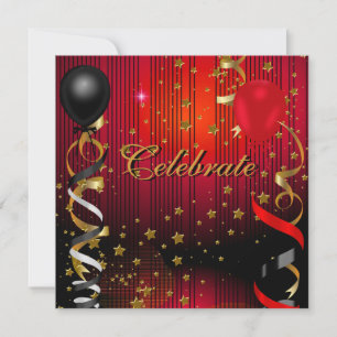 Celebrate Birthday Party Black Red Stars Invitation