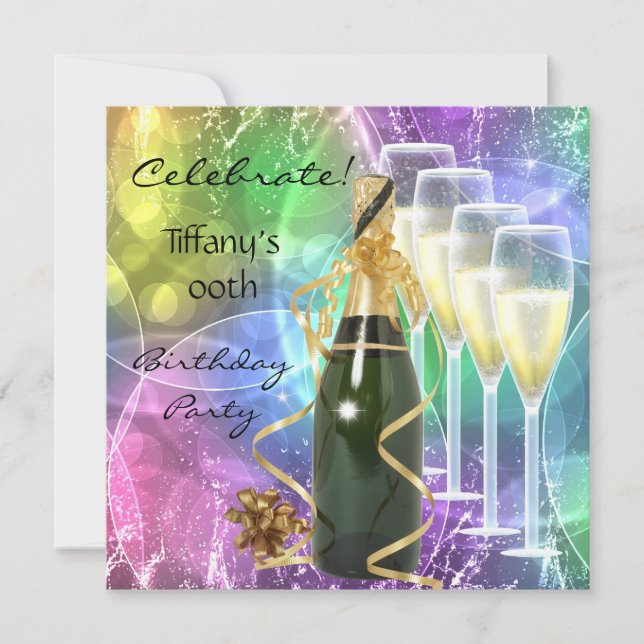 Celebrate Birthday Party Pink Blue Gold Champagne Invitation (Front)