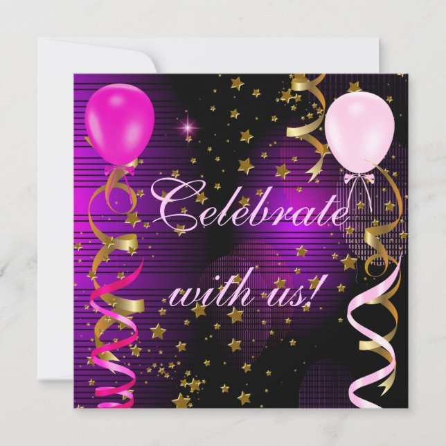 Celebrate Birthday Party Pink Purple Stars Invitation (Front)