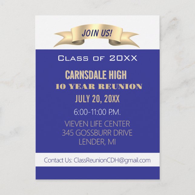 Celebrate! Blue 10th Class Reunion Invite Postcard (Front)