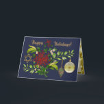 Celebrate Christmas and Hanukkah Personalised Holiday Card<br><div class="desc">With a nod to both Christmas and Hanukkah, this beautifully designed holiday card features an original digital painting of a graceful bouquet composed of red Fuji Mums, white Daisies, and Variegated Wandering Jew, adorned with Retro style Christmas Tree Ornaments and a golden Star of David, all on a rich navy...</div>