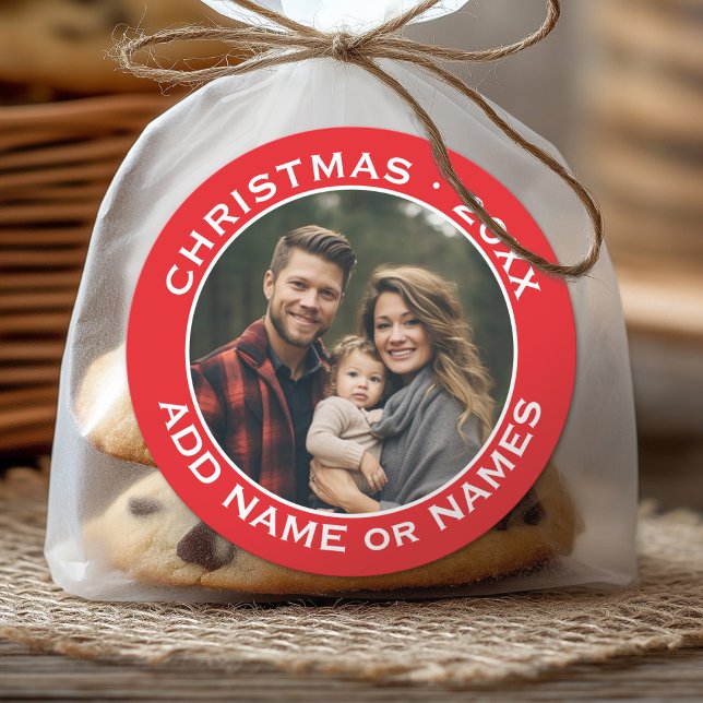 Celebrate Christmas - Photo and Text Red White Classic Round Sticker (Custom Sticker for Party Favors or Envelopes)