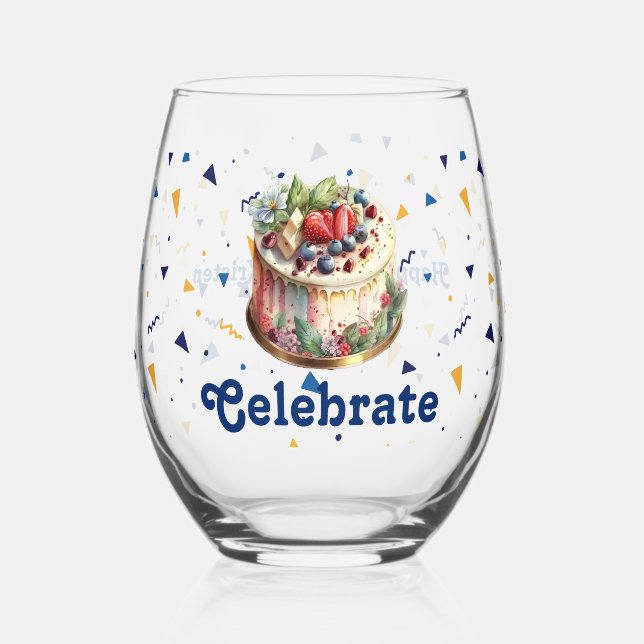 Celebrate, Confetti and Cake Stemless Wine Glass (Front)