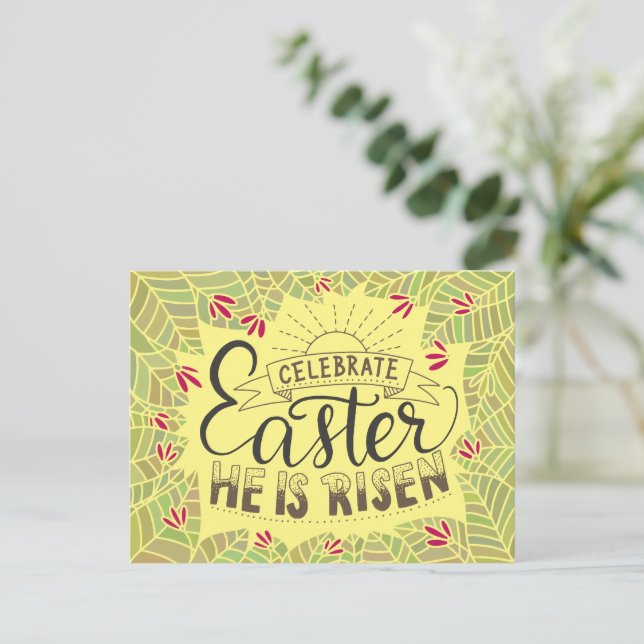 Celebrate Easter He Is Rising Yellow Sunny Easter Postcard (Standing Front)