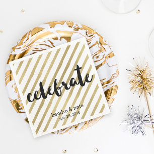 Celebrate   Faux Gold Stripe Wedding Anniversary Napkin