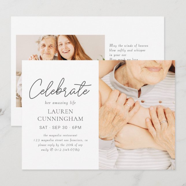 Celebrate Her Amazing Life Simple Modern Photo Invitation (Front/Back)