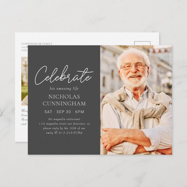 Celebrate His Amazing Life Simple Modern Photo Postcard (Front/Back)