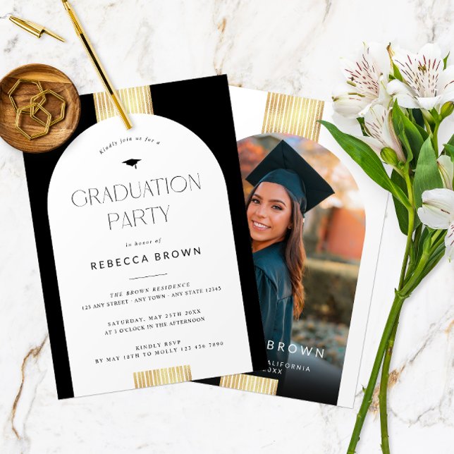 Celebrate in Black & Gold: Modern Photo Graduation Invitation (Front and Back of a modern arch photo graduation party invitation in black, white and gold.)