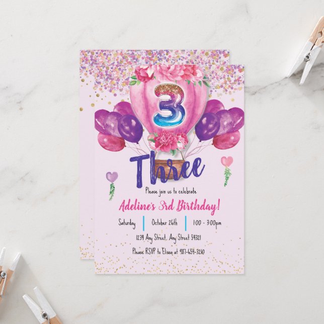 Celebrate in Pink: Confetti Balloon 3rd Birthday Invitation (Front/Back In Situ)