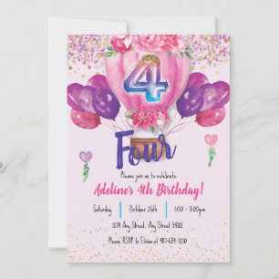 Celebrate in Pink: Confetti Balloon 4th Birthday Invitation