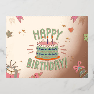 Celebrate in Style: Birthday Cake & Happy Birthday Foil Holiday Postcard