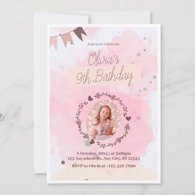 Celebrate in Style! Pink Watercolor Cute 9th Birt Invitation (Front)