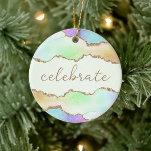 Celebrate Inspirational Word Rainbow Pastel Agate Ceramic Tree Decoration
