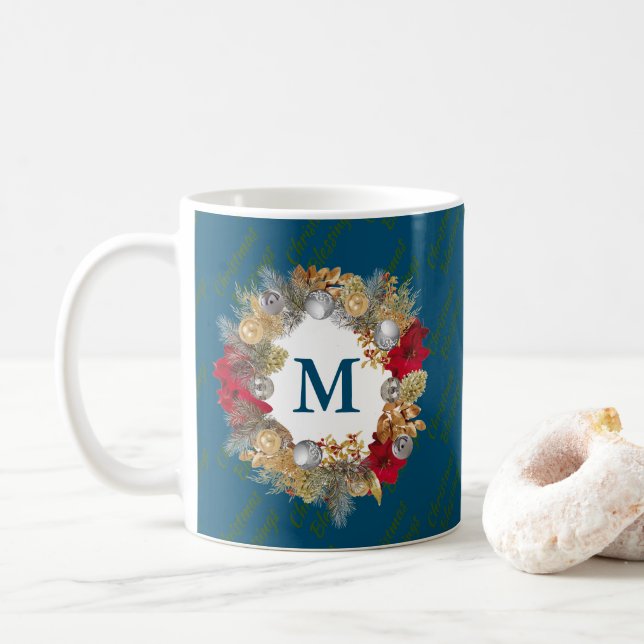 CELEBRATE JESUS Christmas Wreath CUSTOM Ocean Blue Coffee Mug (With Donut)