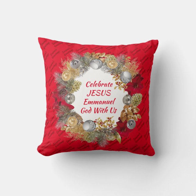 CELEBRATE JESUS EMMANUEL Christmas Wreath Red Cushion (Front)