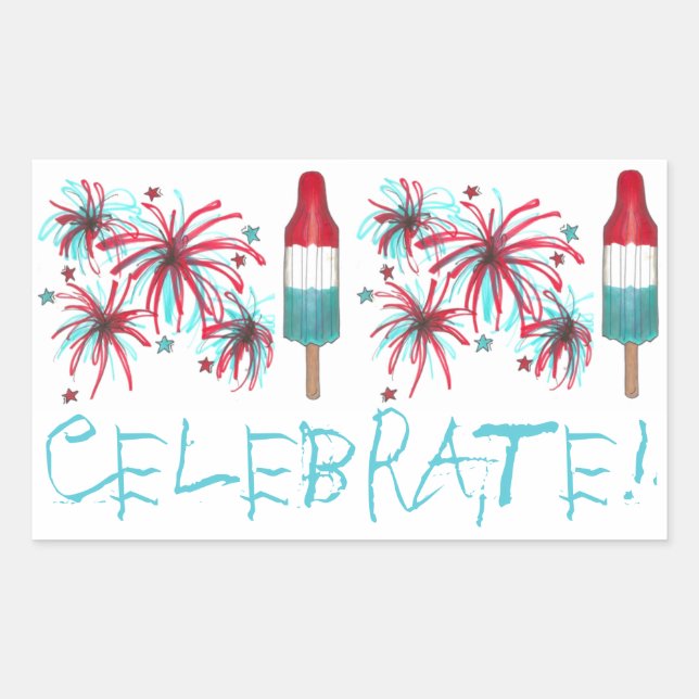 Celebrate July Fourth 4th USA Fireworks Rocket Pop Rectangular Sticker (Front)