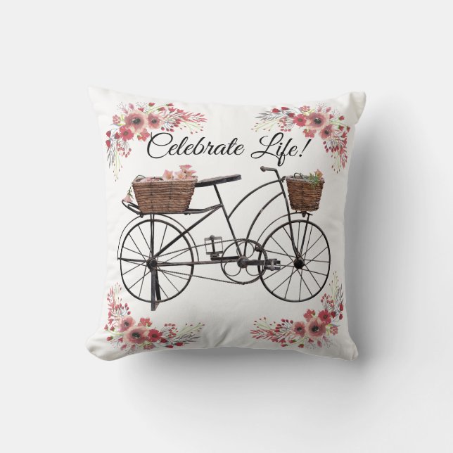 Celebrate Life Vintage Floral Farmhouse Bicycle Cushion (Front)