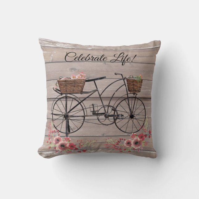 Celebrate Life Vintage Floral Farmhouse Bicycle Cushion (Front)