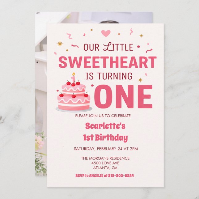 Celebrate Little Sweetheart Turning one Photo Cake Invitation (Front/Back)