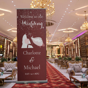 Celebrate love with this burgundy wedding retractable banner