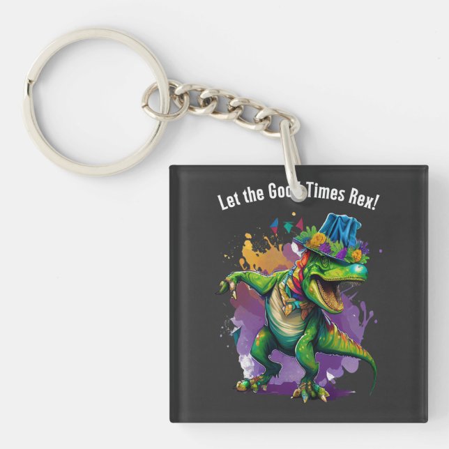 Celebrate Mardi Gras with Dancing T Rex Dinosaur Key Ring (Front)