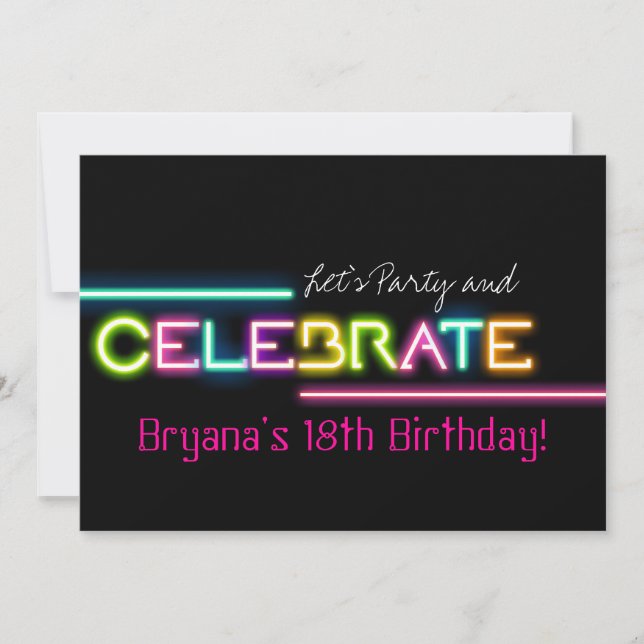CELEBRATE Neon Glow Lights Rave Club Party Invite (Front)