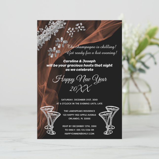 Celebrate New Year Black & Silver Champagne Glass Invitation (Standing Front)