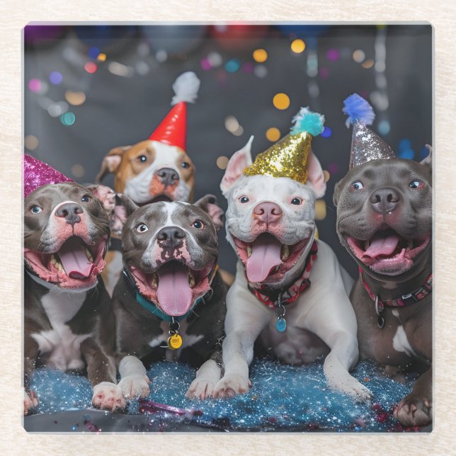 Celebrate New Year & Holidays with Pitbull Dogs Glass Coaster (Front)