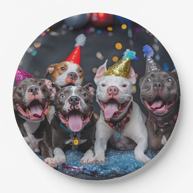 Celebrate New Year & Holidays with Pitbull Dogs Paper Plate (Front)