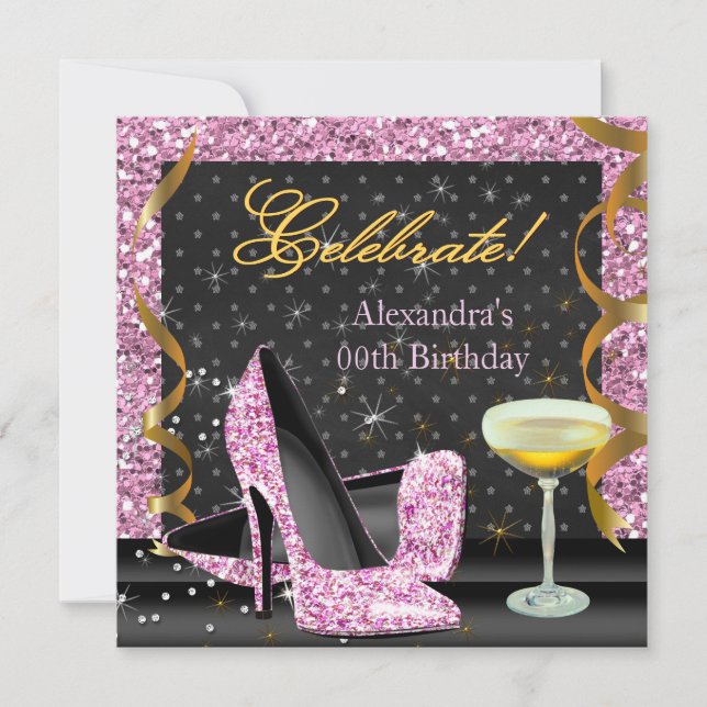 Celebrate Pink Gold Black Glitter Birthday Party Invitation (Front)