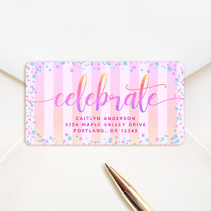 Celebrate pink ombre glitter stripe return address label